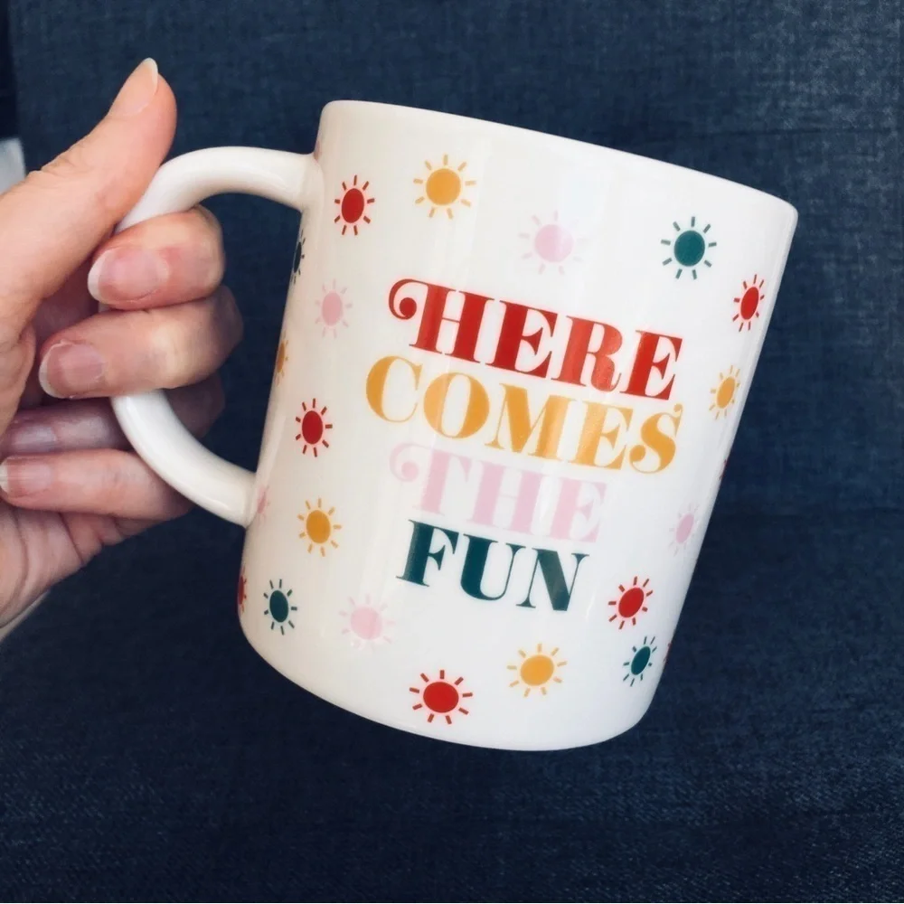 “HERE COMES THE FUN” Colorful Coffee Mug, White, Multi Colored, 15 oz